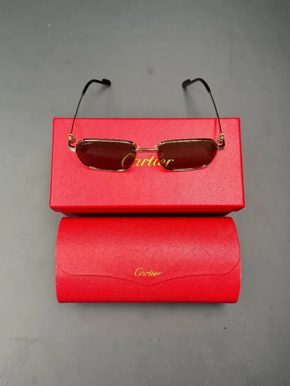 High‑End Designer Style Sunglasses, Slim Gold Metal Rectangle Frame Brown Lens F